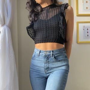 Lace ruffled black tie back open back top